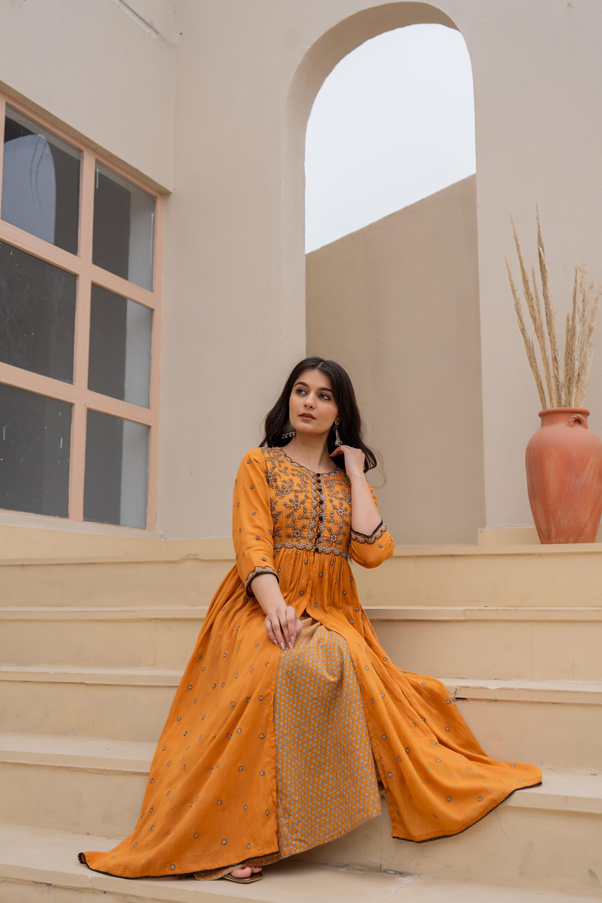 Juniper Mustard Floral Embroidered Cotton Dress With Button Closure & Cotton Lace