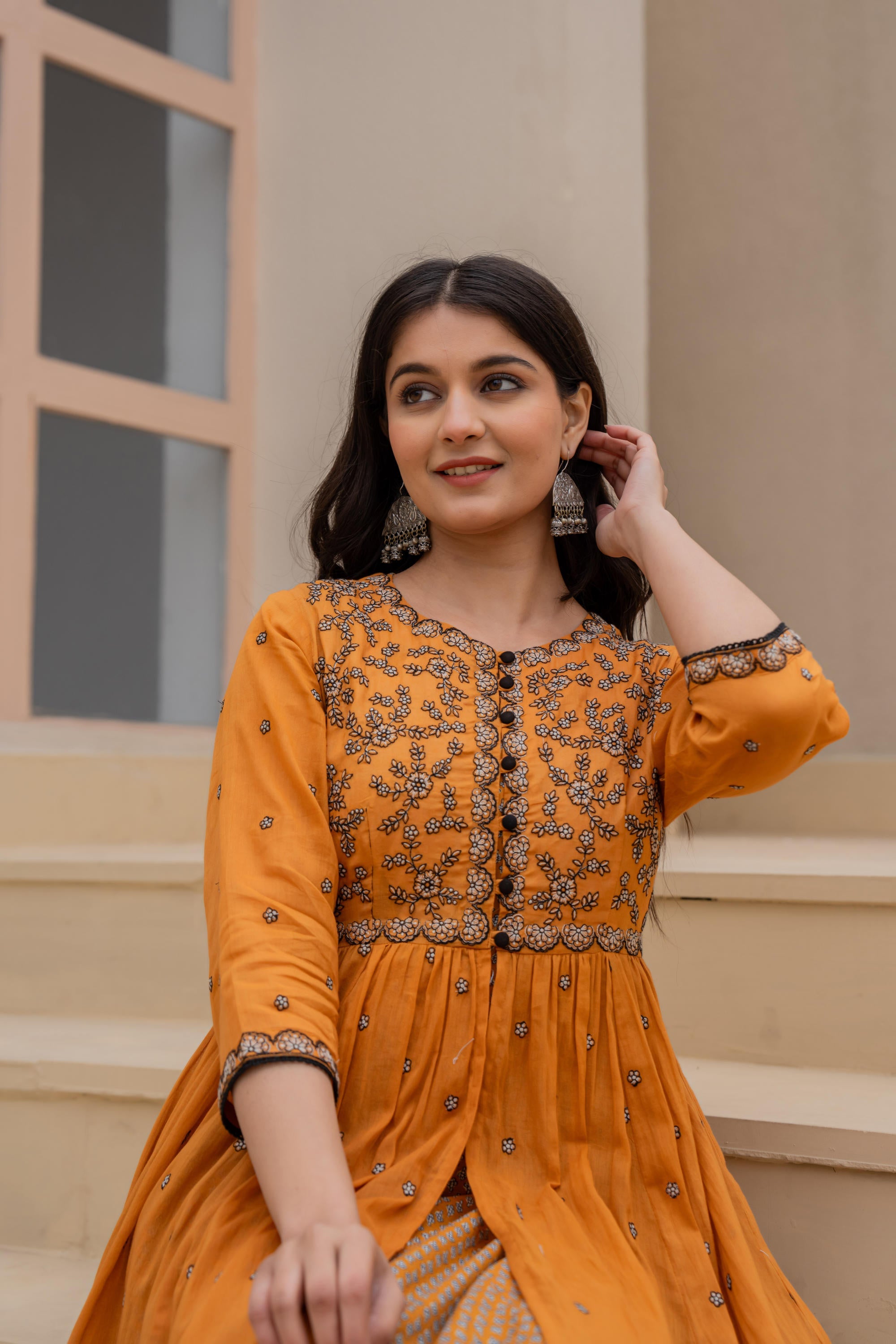 Buy Juniper Mustard Floral Embroidered Cotton Dress With Button Closure & Cotton Lace Online at Low Prices - Indian Store Buy Juniper Mustard Floral Embroidered Cotton Dress With Button Closure & Cotton Lace Online at Low Prices - Indian Store