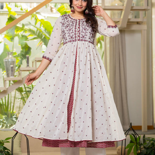 Juniper Cotton Red Fit & Flare Layered Dress With Thread Work & Buttons
