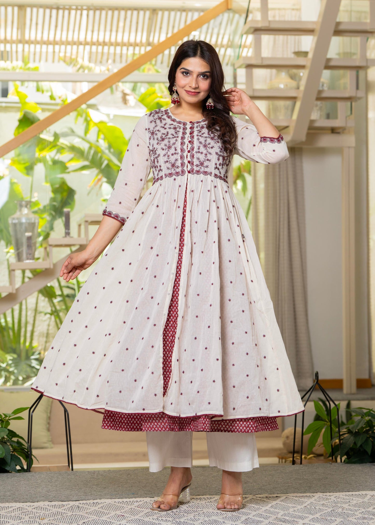 Juniper Cotton Red Fit & Flare Layered Dress With Thread Work & Buttons - Distacart
