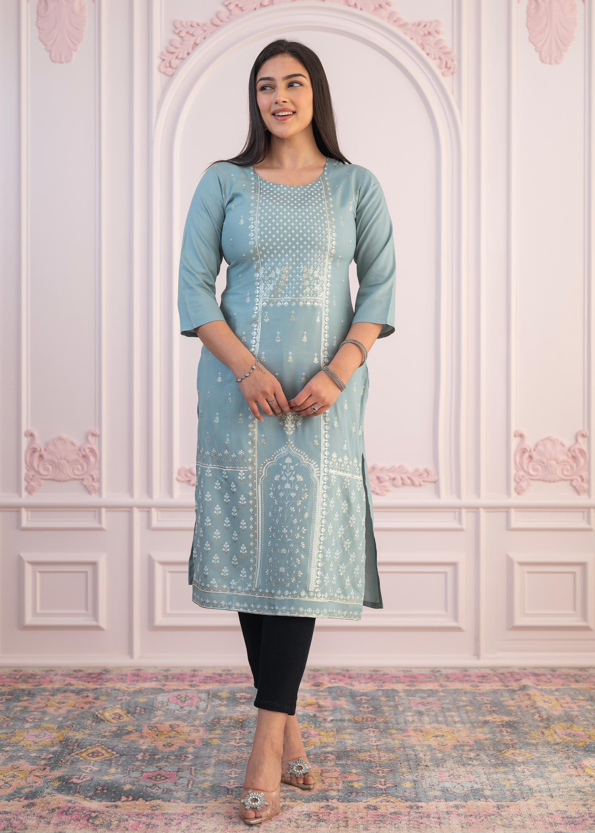 Juniper Women's Mint Printed Viscose Straight Fit Kurta - Distacart