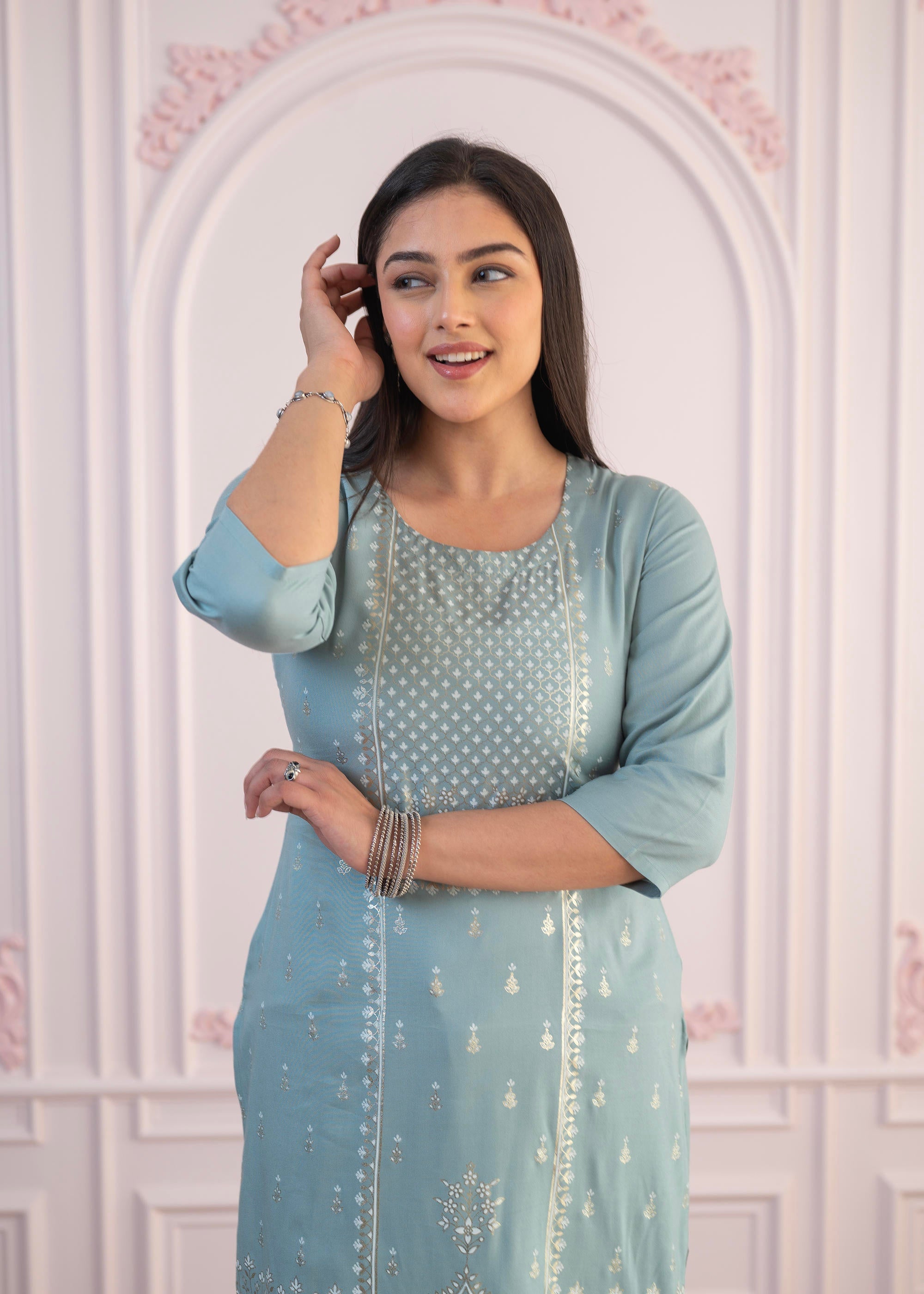 Juniper Mint Printed Viscose Straight Fit Kurta