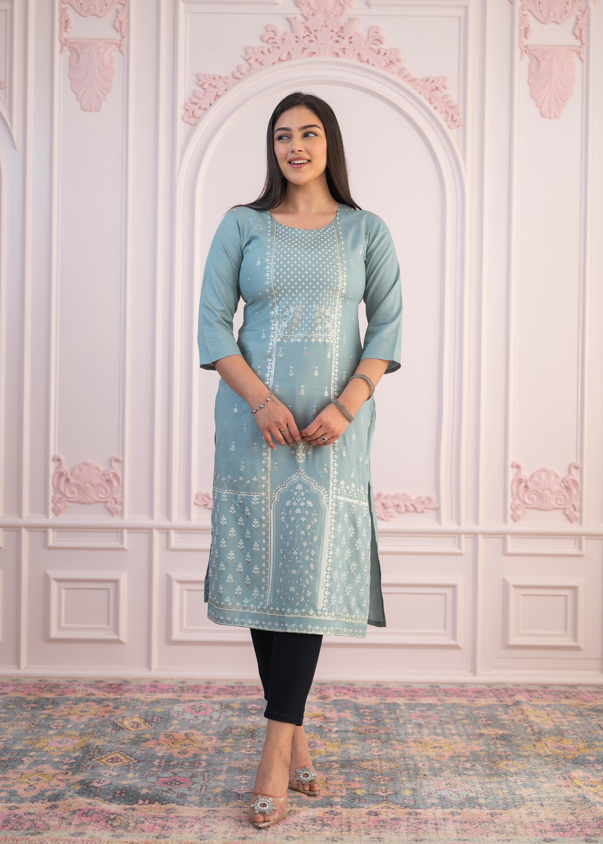 Juniper Women's Mint Printed Viscose Straight Fit Kurta - Distacart