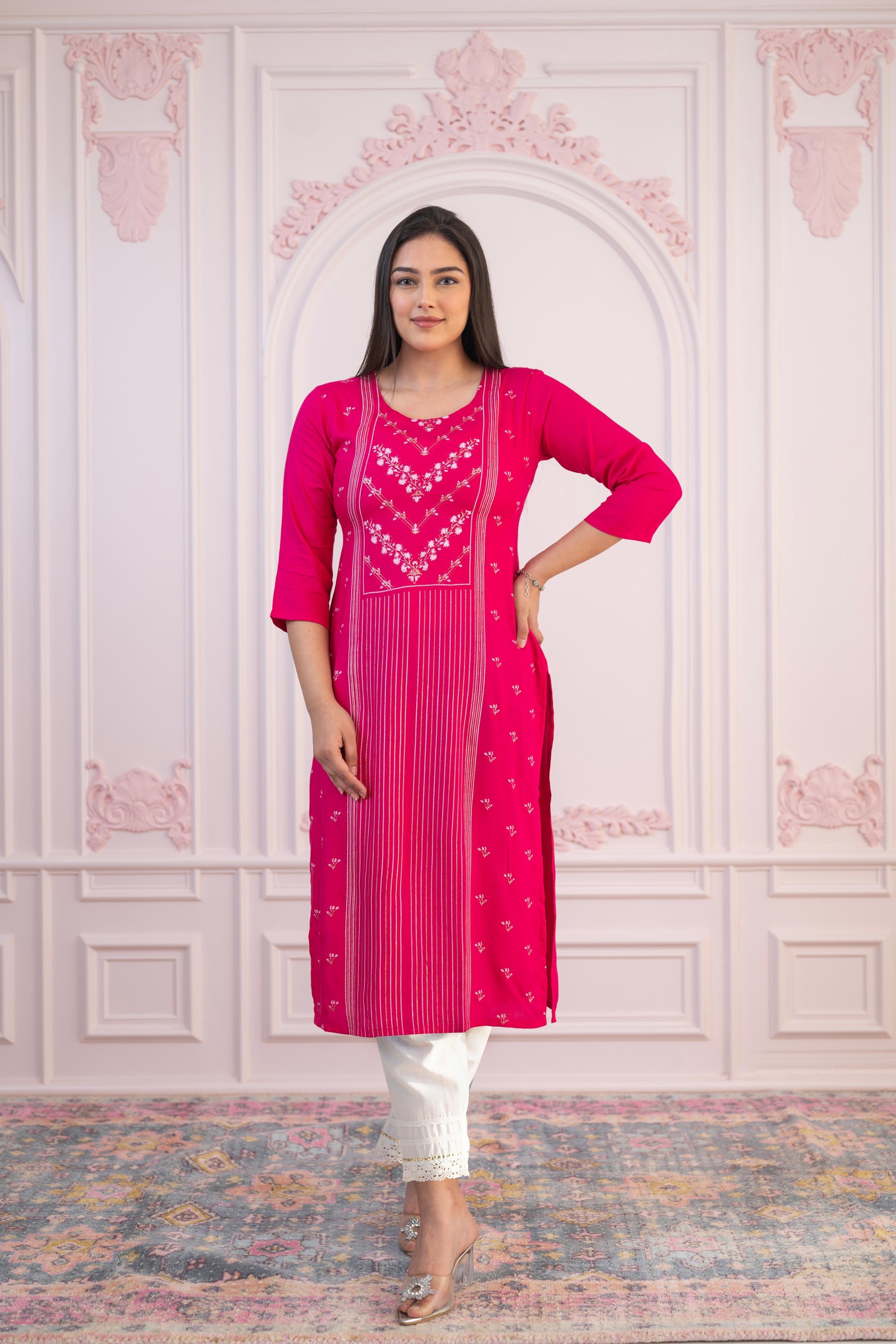 Juniper Women's Fuchsia Printed Viscose Straight Fit Kurta With Round Neck - Distacart