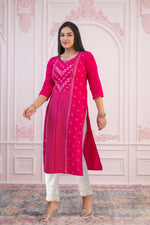 Thumbnail for Juniper Fuchsia Printed Viscose Straight Fit Kurta With Round Neck