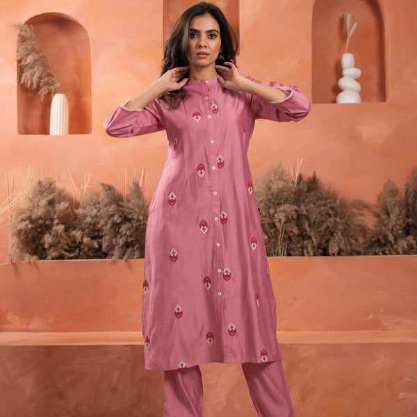 Juniper Pink Olive embroiderd kurta and solid bottom with cotton lace