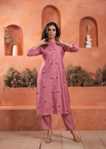 Thumbnail for Juniper Pink Olive Embroidered Kurta And Solid Bottom With Cotton Lace
