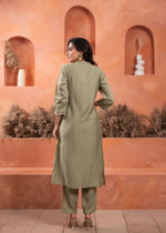 Thumbnail for Juniper Olive Embroidered Kurta And Solid Bottom With Cotton Lace And Buttons