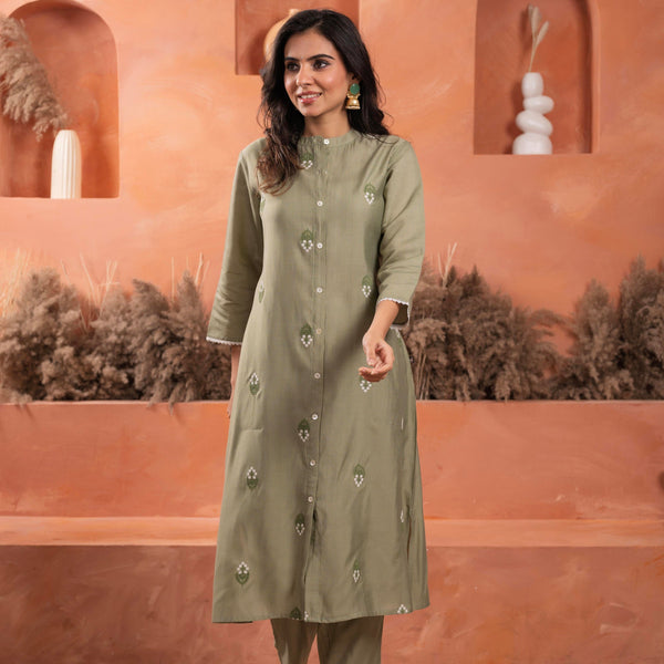 Juniper Olive Embroidered Kurta And Solid Bottom With Cotton Lace And Buttons