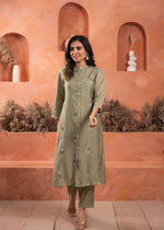 Thumbnail for Juniper Olive Embroidered Kurta And Solid Bottom With Cotton Lace And Buttons