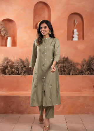 Juniper Olive Embroidered Kurta And Solid Bottom With Cotton Lace And Buttons