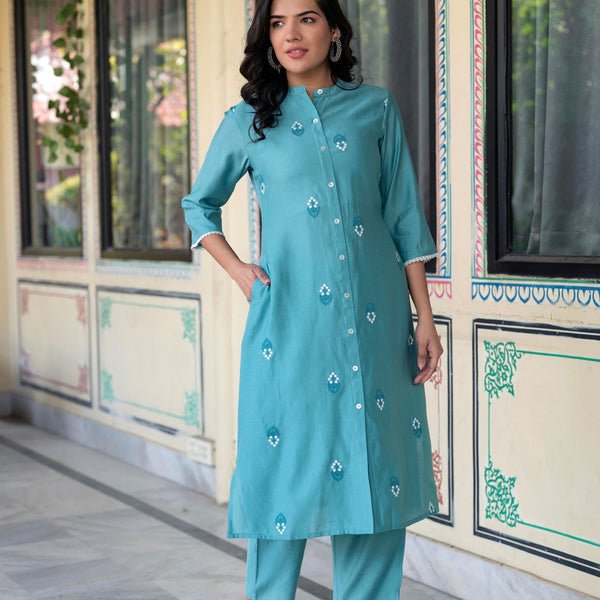 Juniper Turquoise Embroidered Kurta And Solid Bottom With Cotton Lace