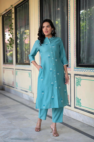 Juniper Turquoise Embroidered Kurta And Solid Bottom With Cotton Lace