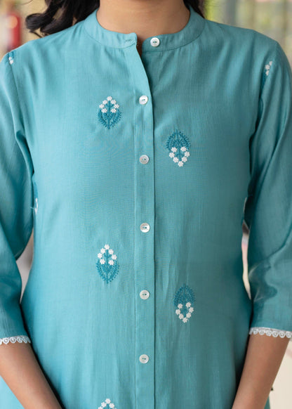 Juniper Turquoise embroiderd kurta and solid bottom with cotton lace - Distacart