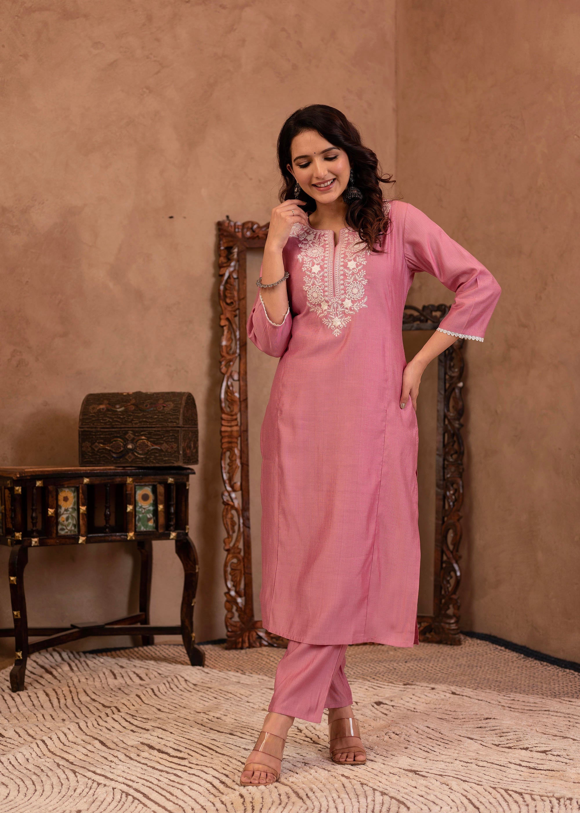 Juniper Pink Embroidered Viscose Kurta-Palazzo Set with Thread Work & Cotton Lace - Distacart