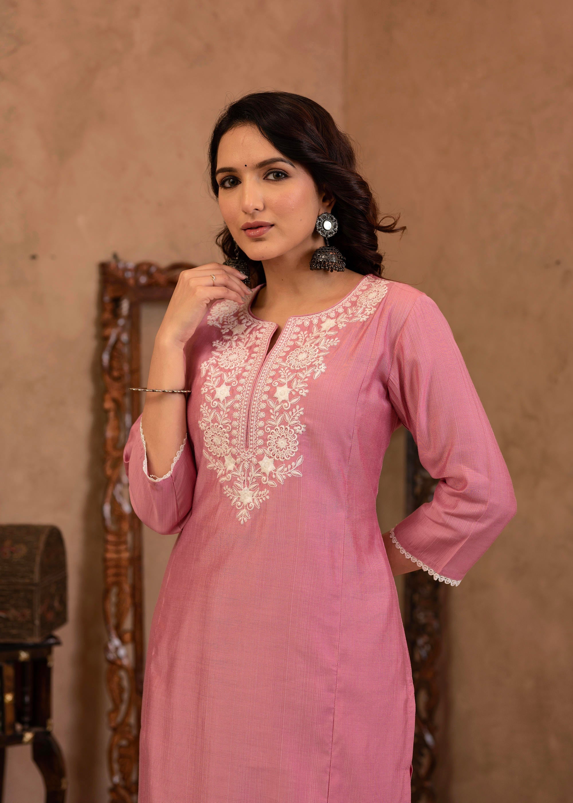 Juniper Pink Embroidered Viscose Kurta-Palazzo Set with Thread Work & Cotton Lace - Distacart