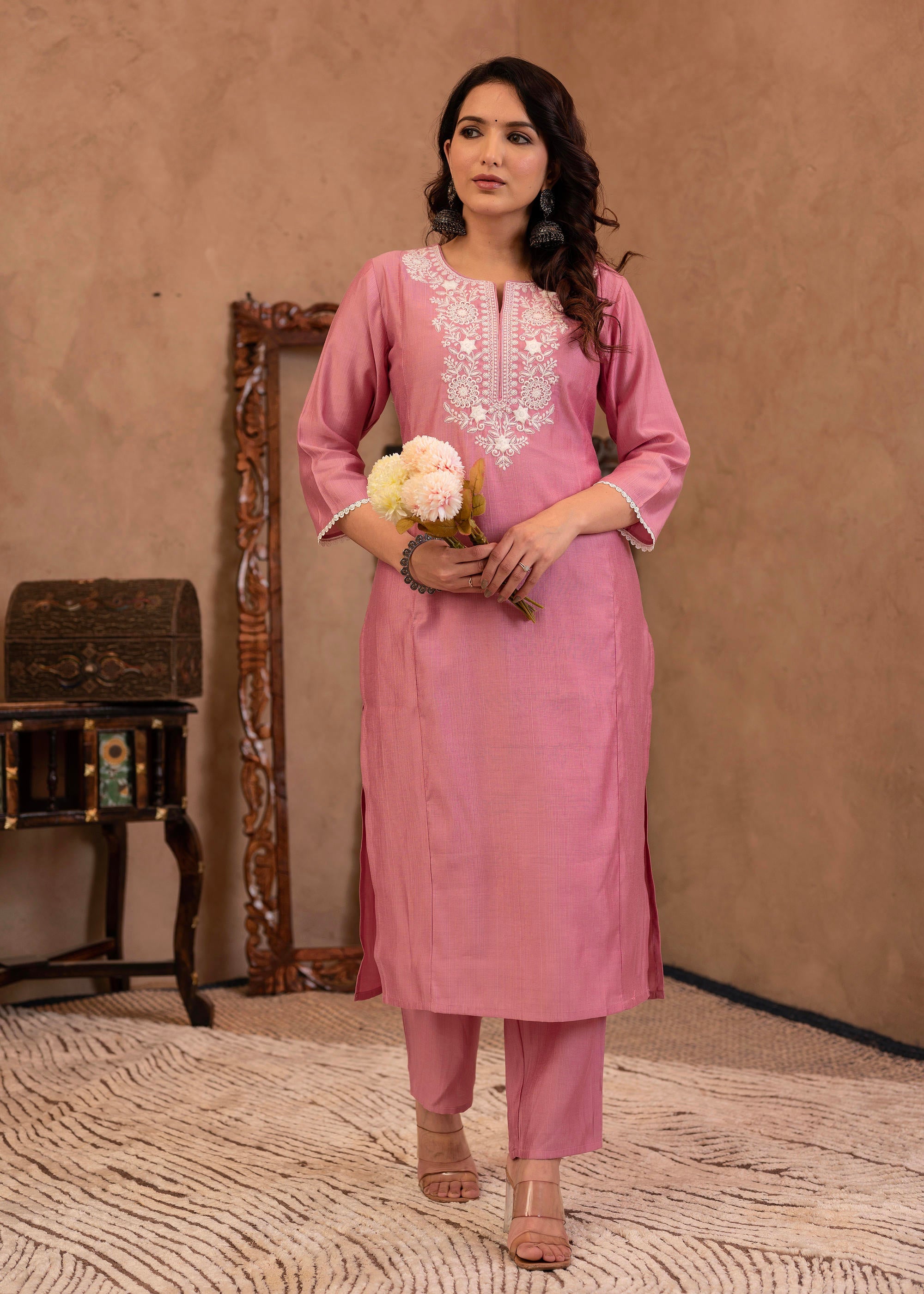 Juniper Pink Embroidered Viscose Kurta-Palazzo Set With Thread Work & Cotton Lace - Distacart
