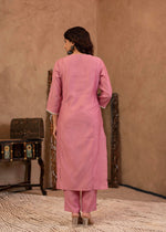 Thumbnail for Juniper Pink Embroidered Viscose Kurta-Palazzo Set with Thread Work & Cotton Lace - Distacart