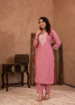 Thumbnail for Juniper Pink Embroidered Viscose Kurta-Palazzo Set with Thread Work & Cotton Lace - Distacart