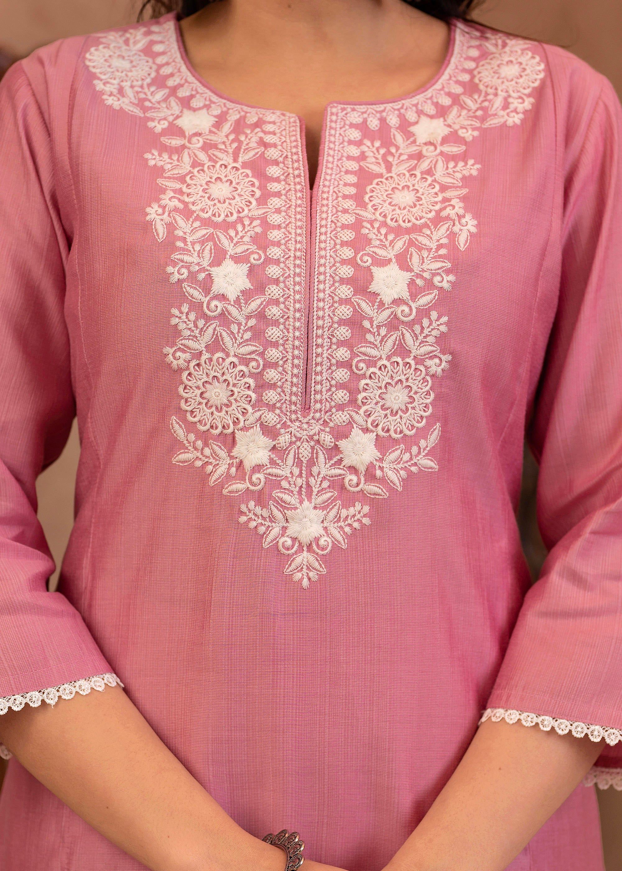 Juniper Pink Embroidered Viscose Kurta-Palazzo Set with Thread Work & Cotton Lace - Distacart
