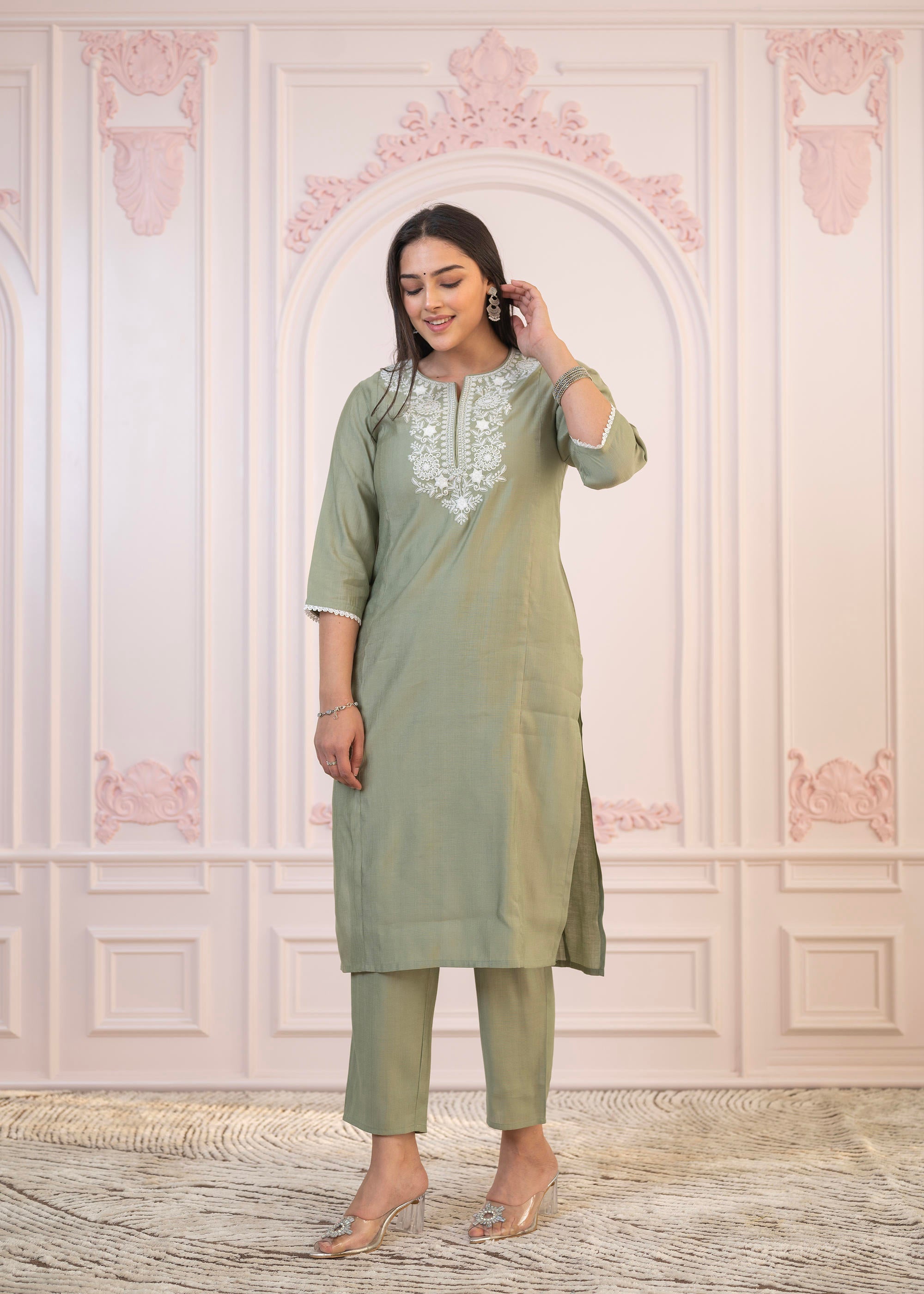 Juniper Sage Green Embroidered Viscose Kurta-Palazzo Set with Thread Work & Cotton Lace - Distacart