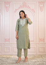 Thumbnail for Juniper Sage Green Embroidered Viscose Kurta-Palazzo Set with Thread Work & Cotton Lace - Distacart