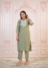 Juniper Sage Green Embroidered Viscose Kurta-Palazzo Set with Thread Work & Cotton Lace - Distacart