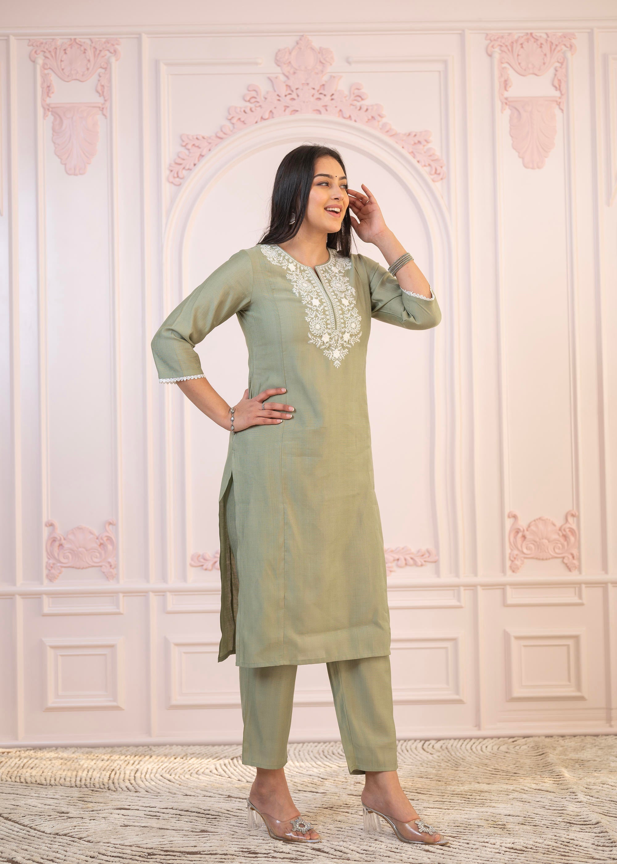 Juniper Sage Green Embroidered Viscose Kurta-Palazzo Set with Thread Work & Cotton Lace - Distacart