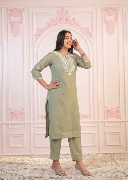 Juniper Sage Green Embroidered Viscose Kurta-Palazzo Set with Thread Work & Cotton Lace - Distacart