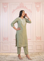 Thumbnail for Juniper Sage Green Embroidered Viscose Kurta-Palazzo Set With Thread Work & Cotton Lace - Distacart