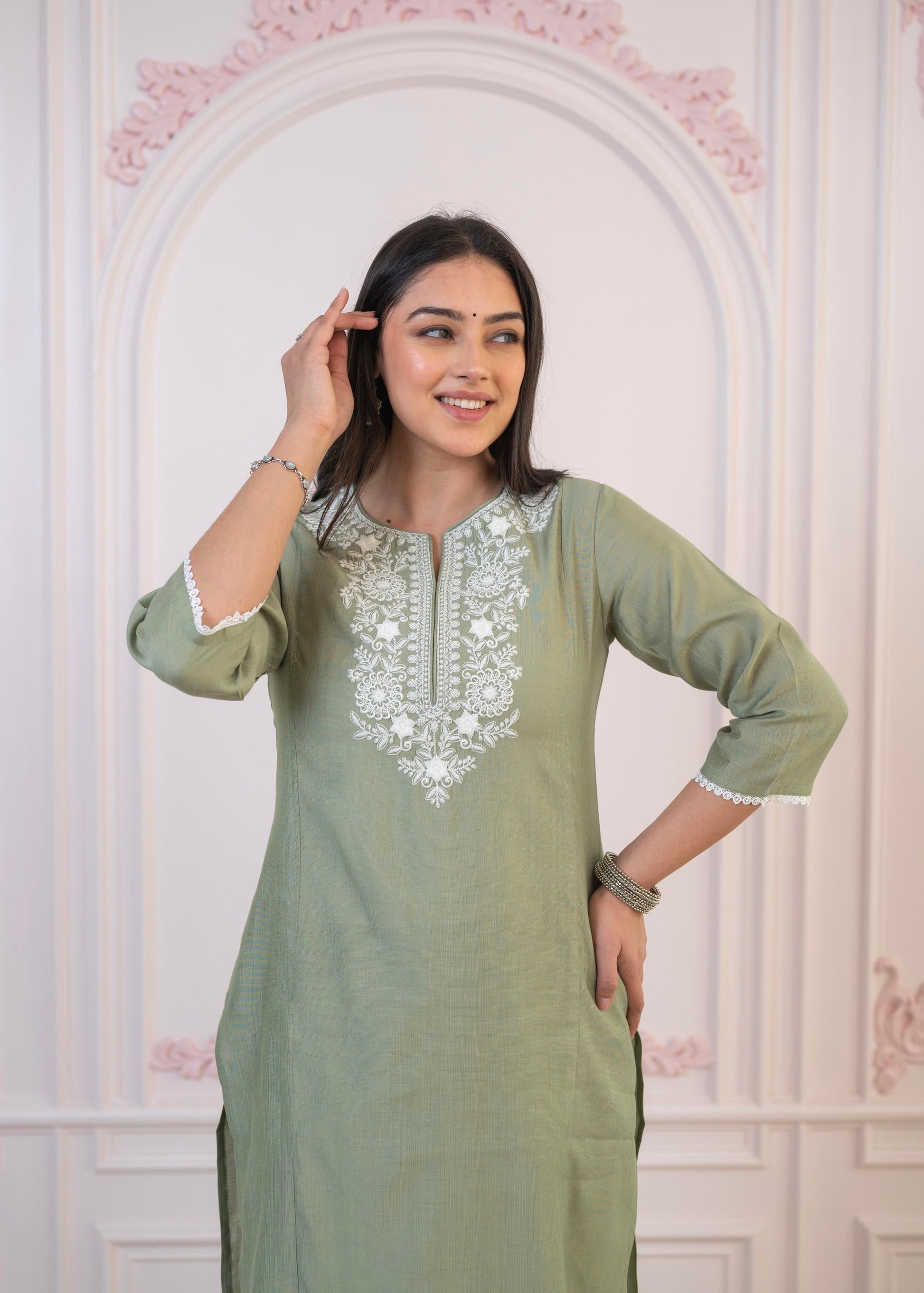 Juniper Sage Green Embroidered Viscose Kurta-Palazzo Set with Thread Work & Cotton Lace - Distacart