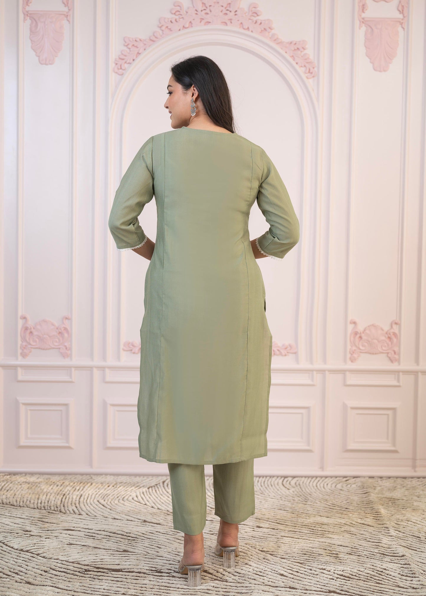 Juniper Sage Green Embroidered Viscose Kurta-Palazzo Set with Thread Work & Cotton Lace - Distacart