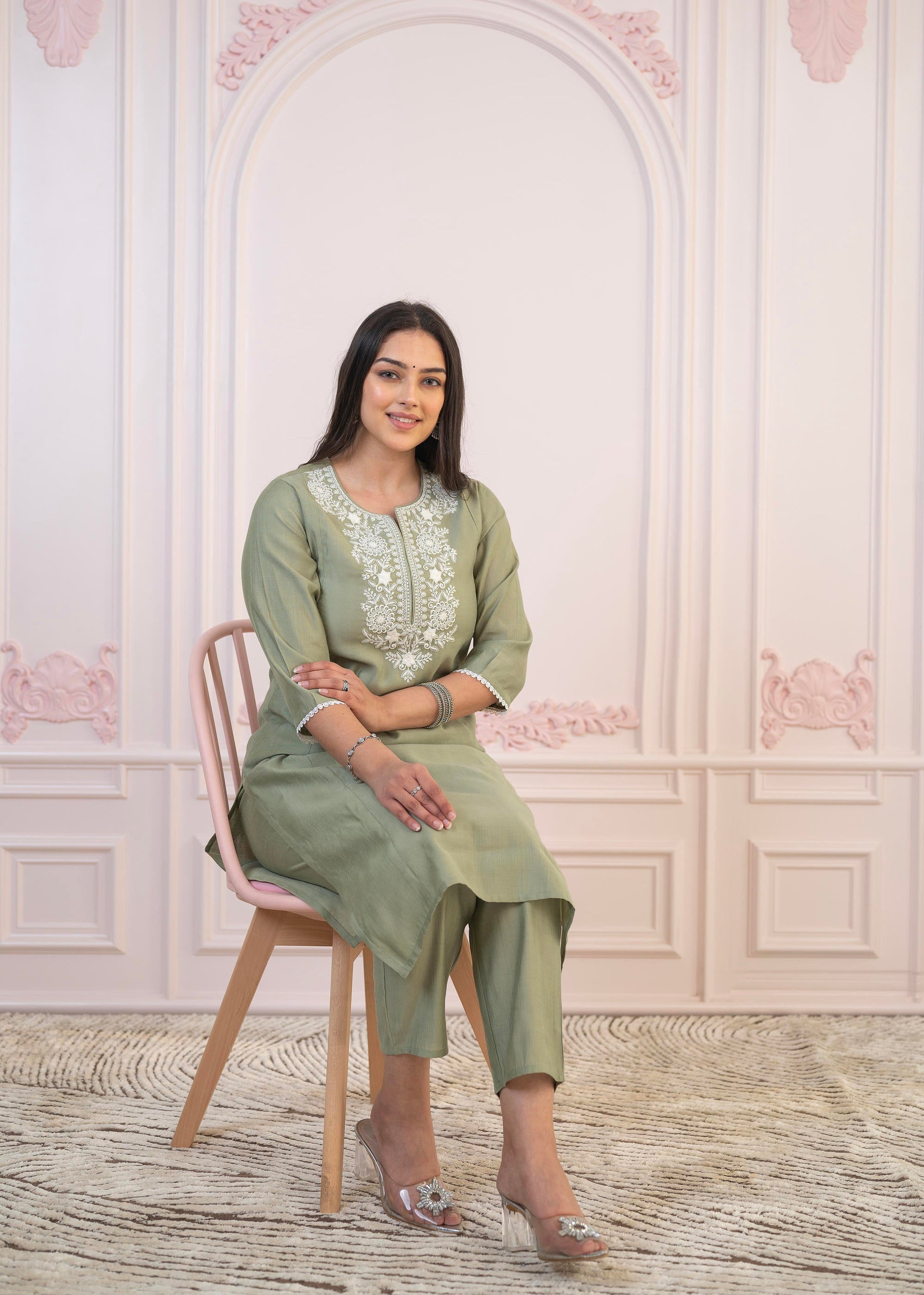 Juniper Sage Green Embroidered Viscose Kurta-Palazzo Set with Thread Work & Cotton Lace - Distacart