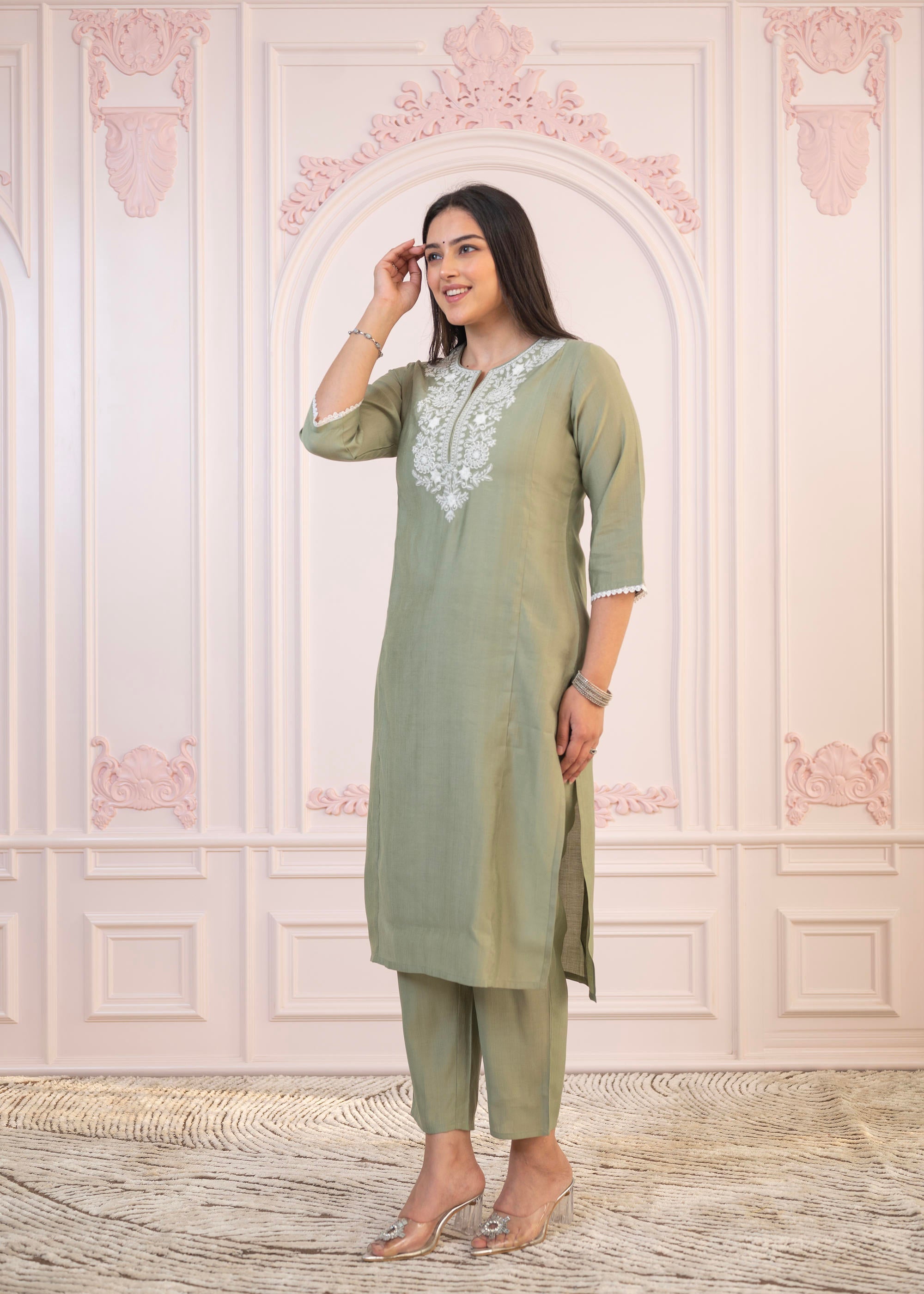 Juniper Sage Green Embroidered Viscose Kurta-Palazzo Set with Thread Work & Cotton Lace - Distacart