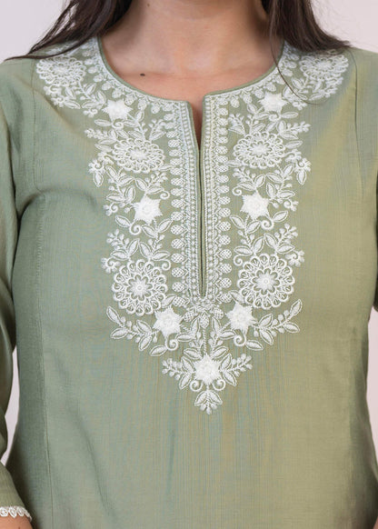 Juniper Sage Green Embroidered Viscose Kurta-Palazzo Set with Thread Work & Cotton Lace - Distacart