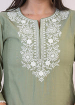 Thumbnail for Juniper Sage Green Embroidered Viscose Kurta-Palazzo Set with Thread Work & Cotton Lace - Distacart