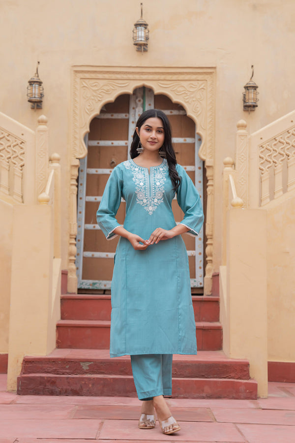 Juniper Turquoise Solid Viscose Kurta & Pant Set With Thread Work & Lace - Distacart