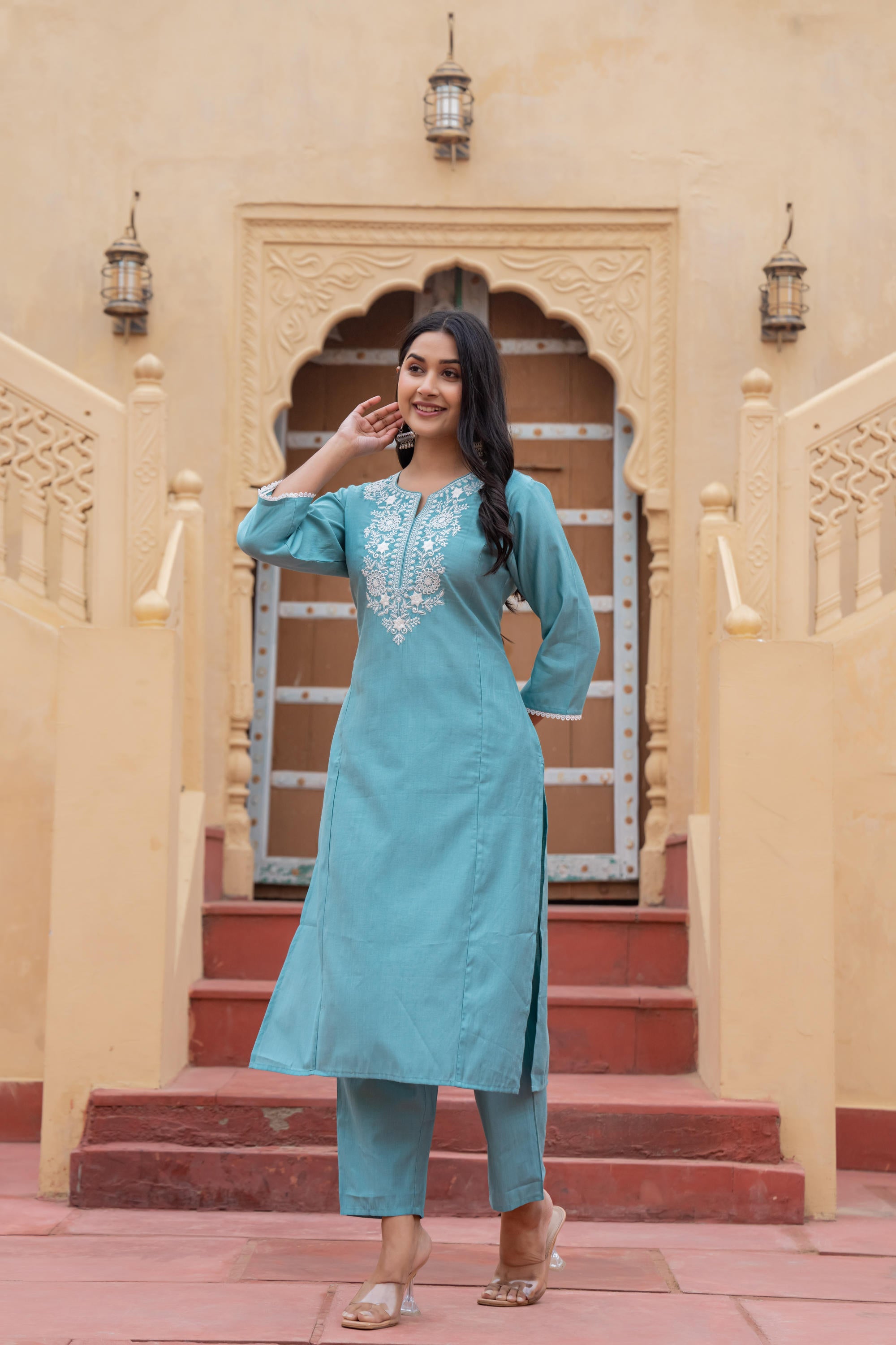 Juniper Turquoise Solid Viscose Kurta & Pant Set With Thread Work & Lace - Distacart