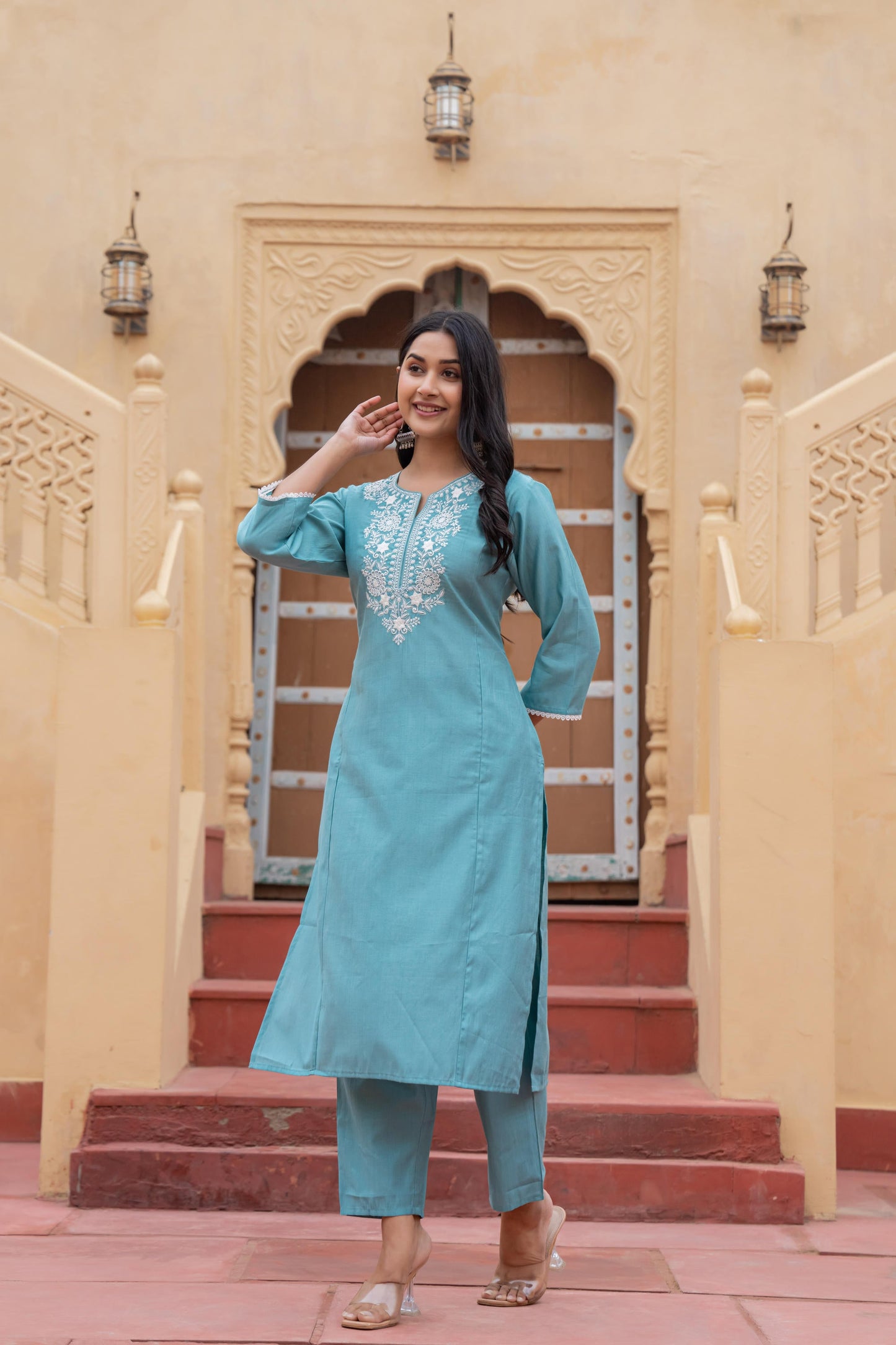 Juniper Turquoise Solid Viscose Kurta & Pant Set With Thread Work & Lace - Distacart