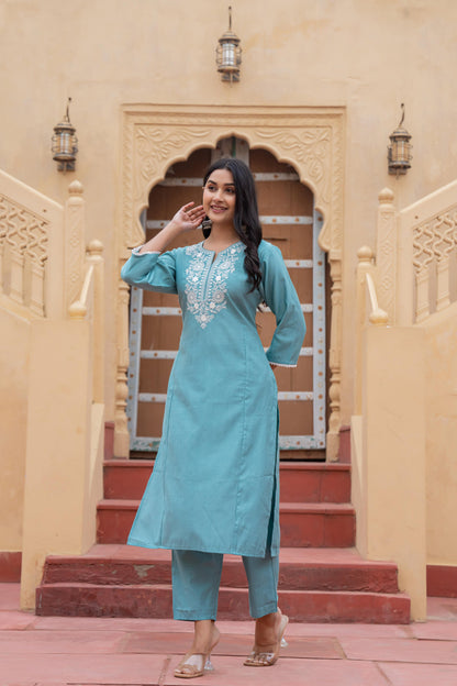 Juniper Turquoise Solid Viscose Kurta & Pant Set With Thread Work & Lace - Distacart
