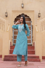 Thumbnail for Juniper Turquoise Solid Viscose Kurta & Pant Set With Thread Work & Lace - Distacart