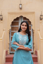 Thumbnail for Juniper Turquoise Solid Viscose Kurta & Pant Set With Thread Work & Lace - Distacart