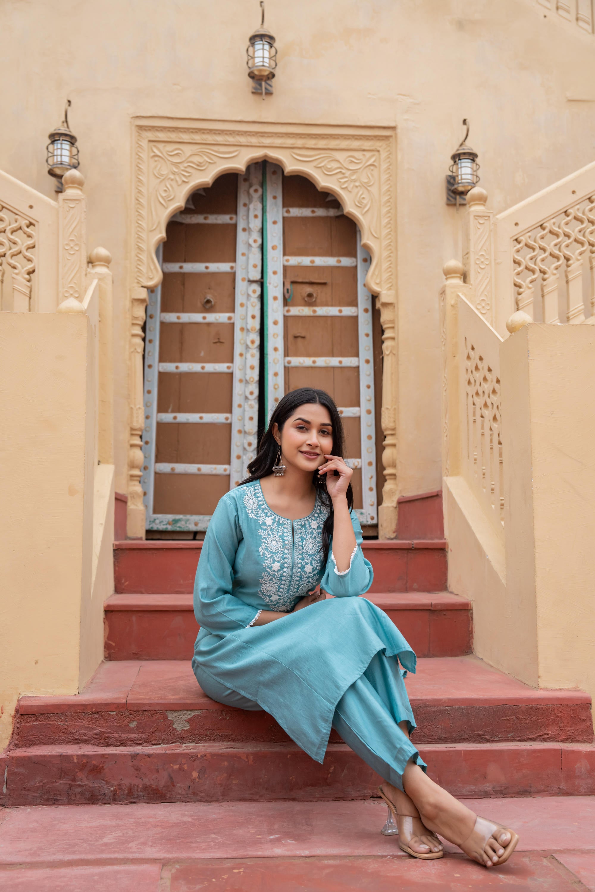 Juniper Turquoise Solid Viscose Kurta & Pant Set With Thread Work & Lace - Distacart
