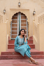 Thumbnail for Juniper Turquoise Solid Viscose Kurta & Pant Set With Thread Work & Lace - Distacart