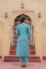 Thumbnail for Juniper Turquoise Solid Viscose Kurta & Pant Set With Thread Work & Lace - Distacart