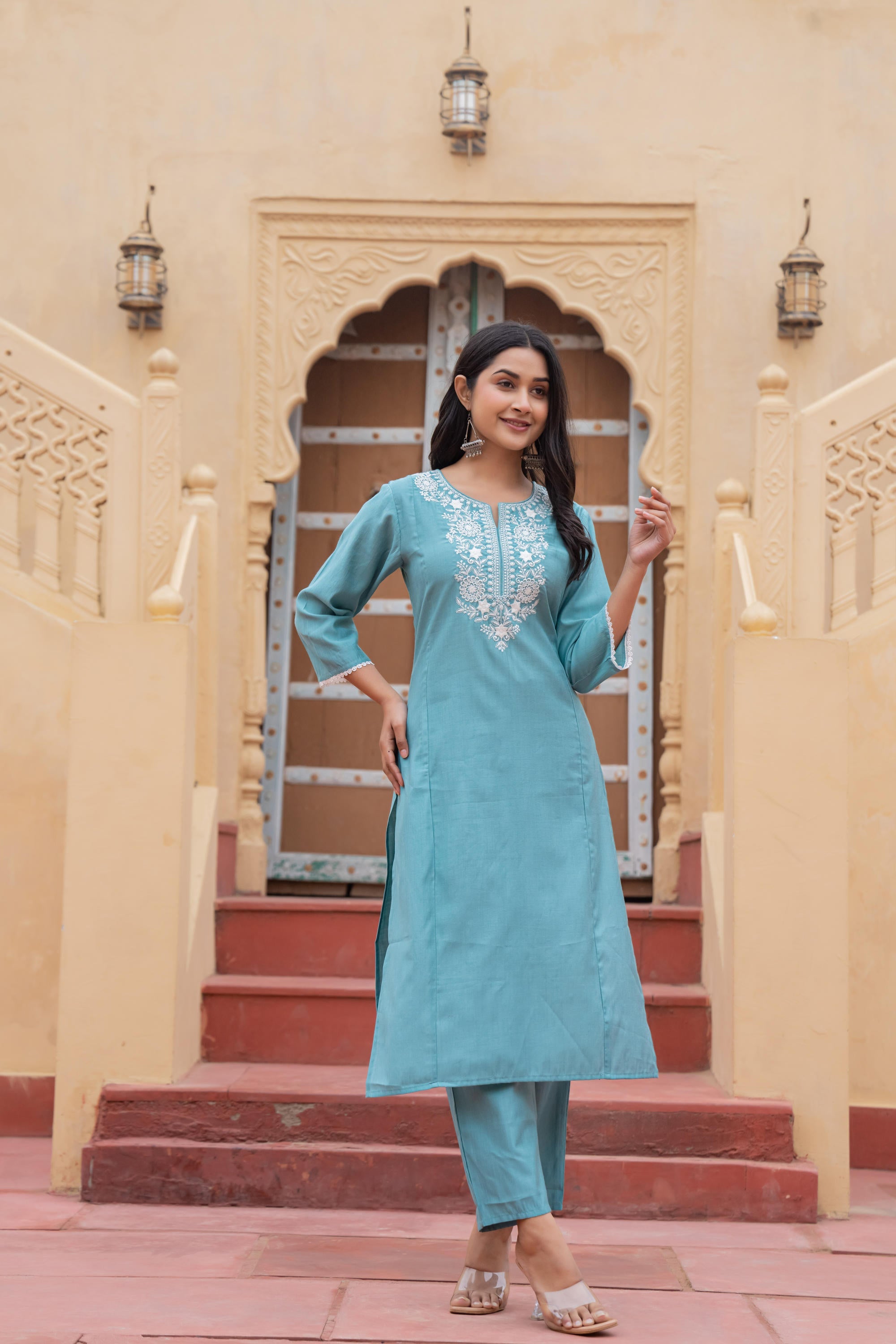 Juniper Turquoise Solid Viscose Kurta & Pant Set With Thread Work & Lace - Distacart