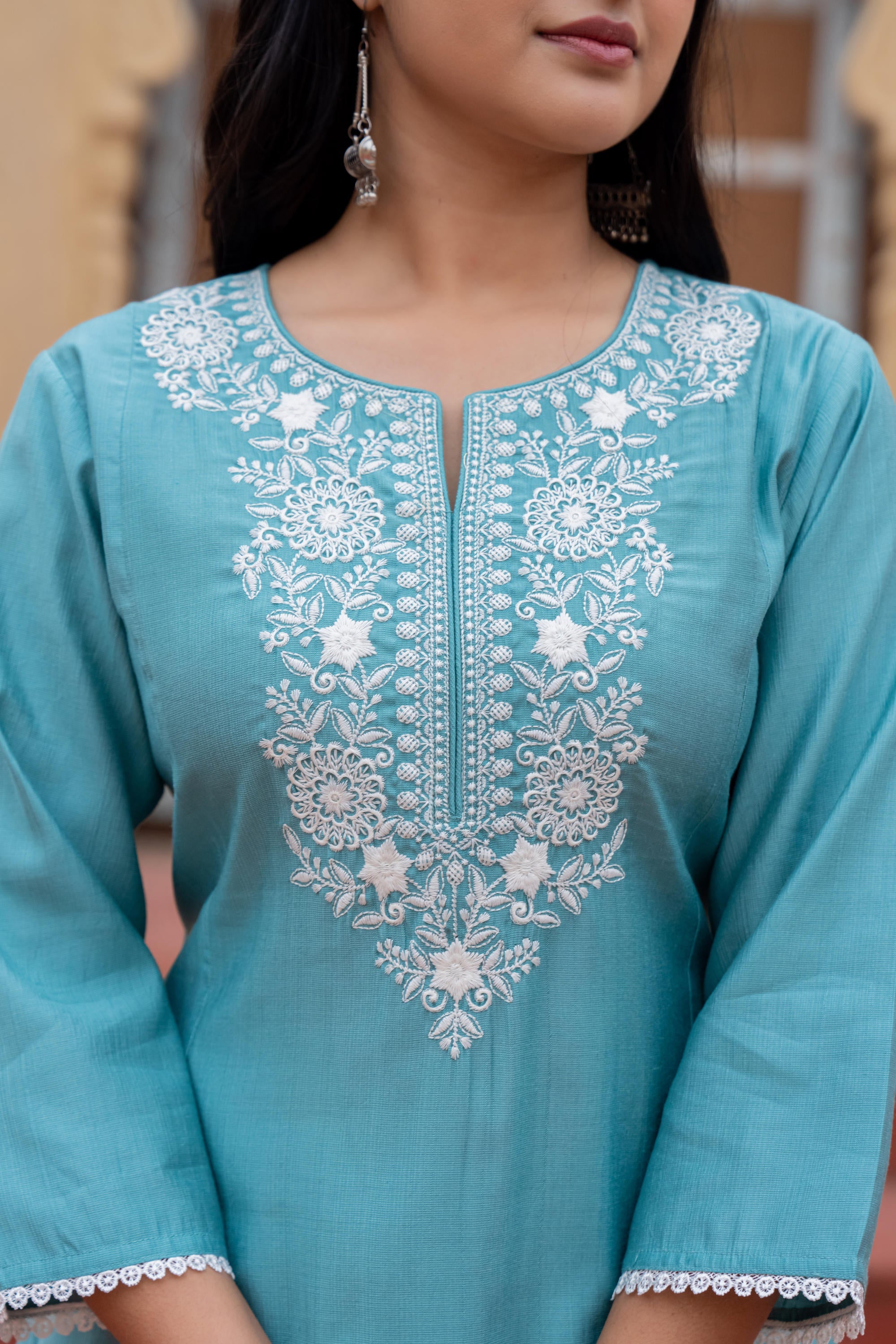 Juniper Turquoise Solid Viscose Kurta & Pant Set With Thread Work & Lace - Distacart