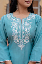 Thumbnail for Juniper Turquoise Solid Viscose Kurta & Pant Set With Thread Work & Lace - Distacart