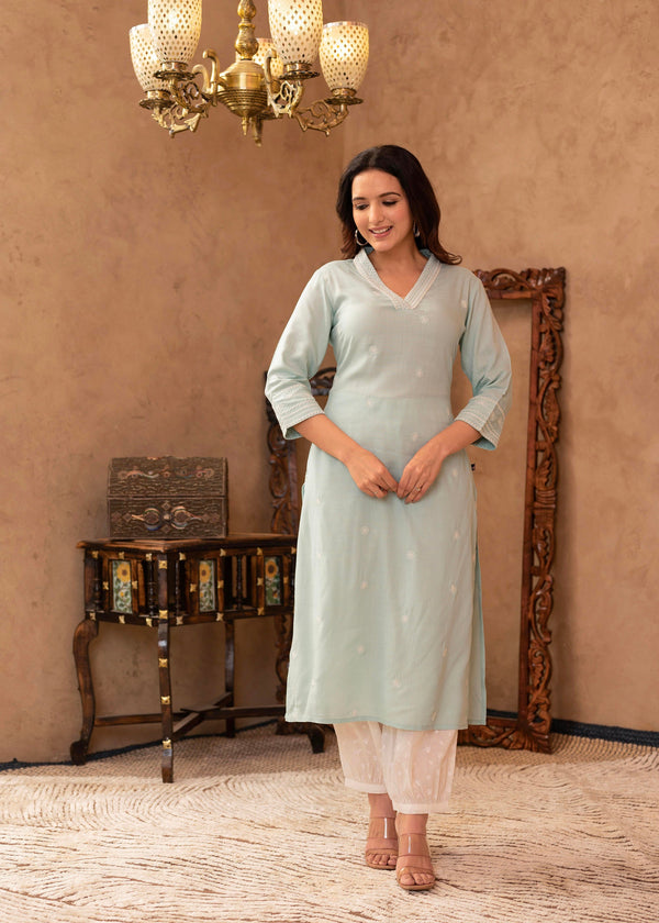 Juniper Aqua Viscose Kurta & Pant Set with Thread Work & Lace - Distacart