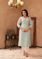 Thumbnail for Juniper Aqua Viscose Kurta & Pant Set With Thread Work & Lace - Distacart